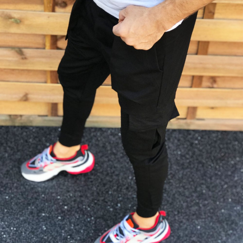 Pantaloni barbati casual negri, cambrat, cu buzunare laterale, material bumbac, ISAHAR