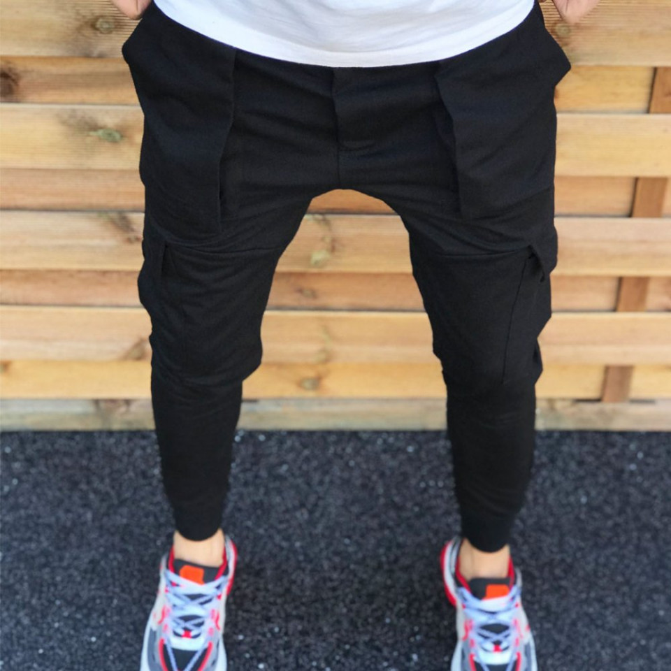 Pantaloni barbati casual negri, cambrat, cu buzunare laterale, material bumbac, ISAHAR