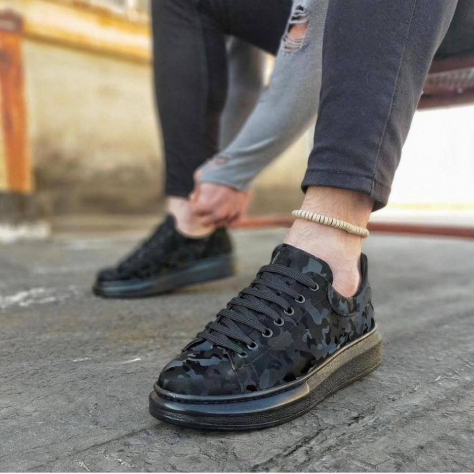Pantofi sport barbati, model casual, negri cu imprimeu, ISAHAR