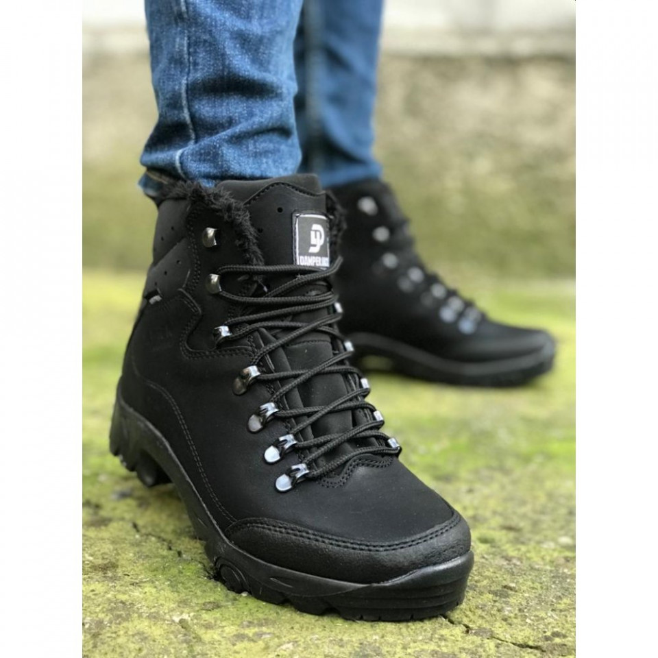 Ghete barbati casual negre, confectionate din piele ecologica, pentru drumetie, imblanite