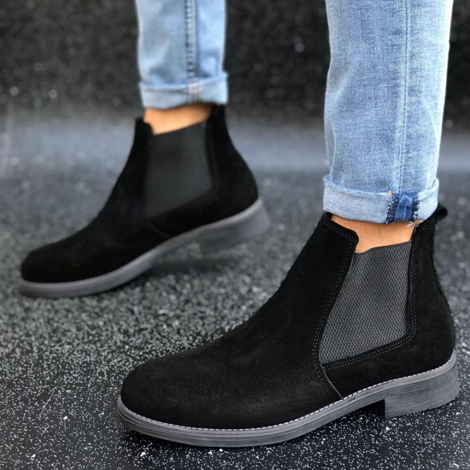 Ghete barbati casual, piele naturala negre, cusute, model casual, talpa flexibila