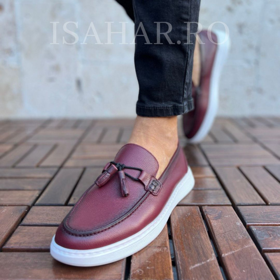 Mocasini barbati, 100% piele naturala, grena, model casual, ISAHAR