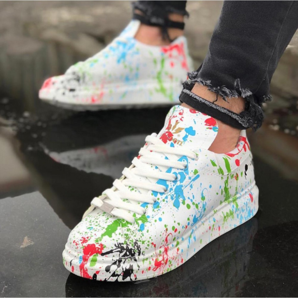 Pantofi sport albi, cu imprimeu colorat, talpa inalta si cusuta, ISAHAR