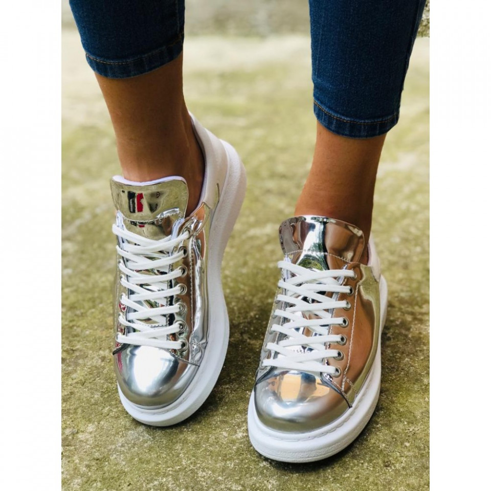 Pantofi sport dama, argintii, cu talpa inalta din spuma
