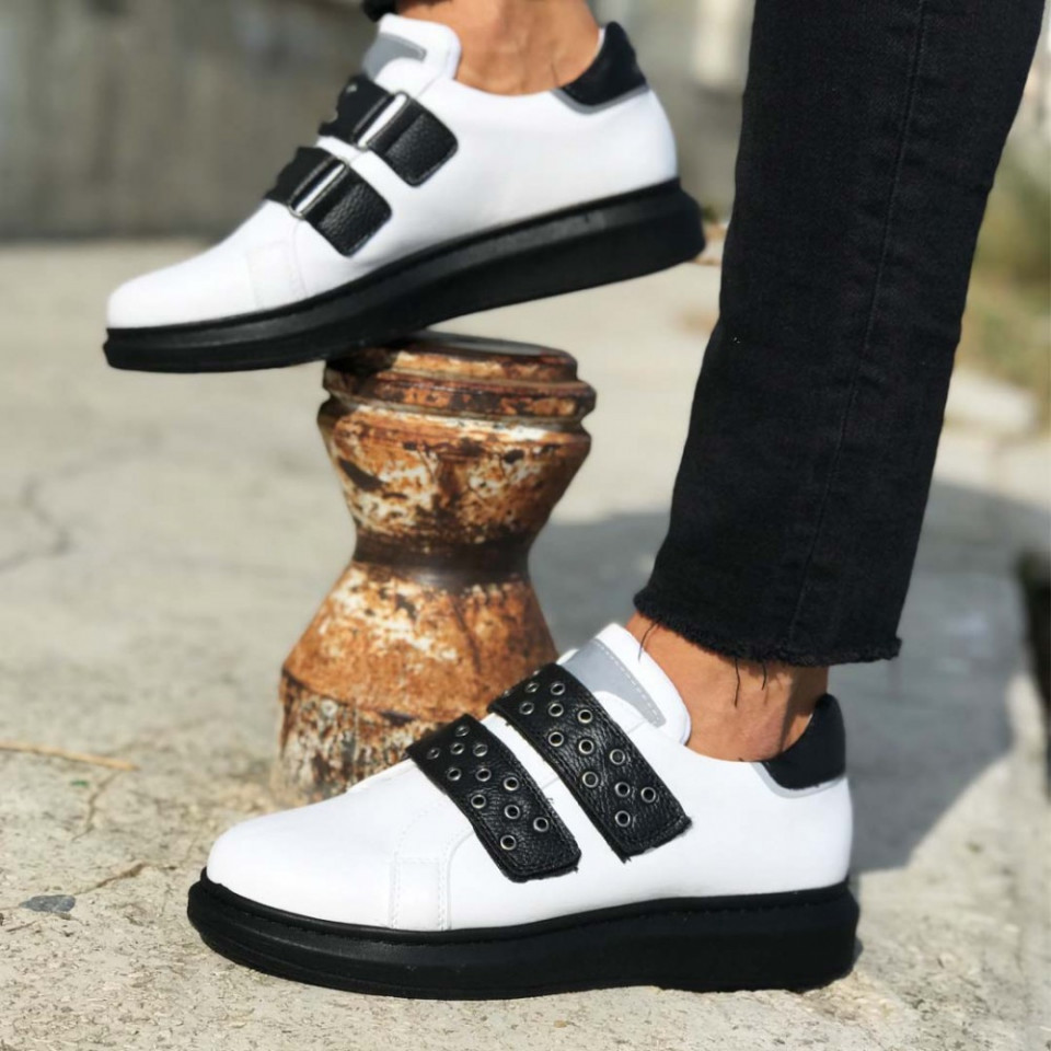 Pantofi sport barbati, albi, cu talpa neagra, inchidere arici SNK, ISAHAR