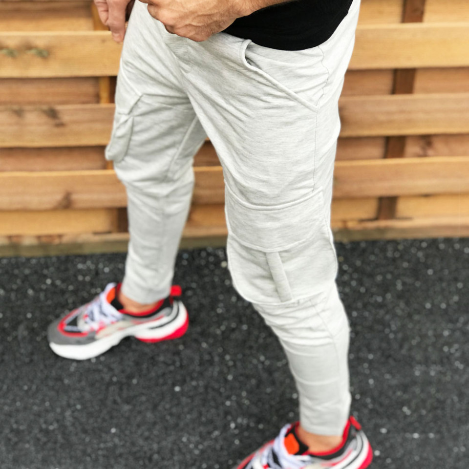 Pantaloni barbati casual gri, conici, cu buzunare laterale aplicate