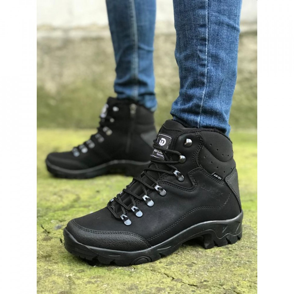 Ghete barbati casual negre, confectionate din piele ecologica, pentru drumetie, imblanite