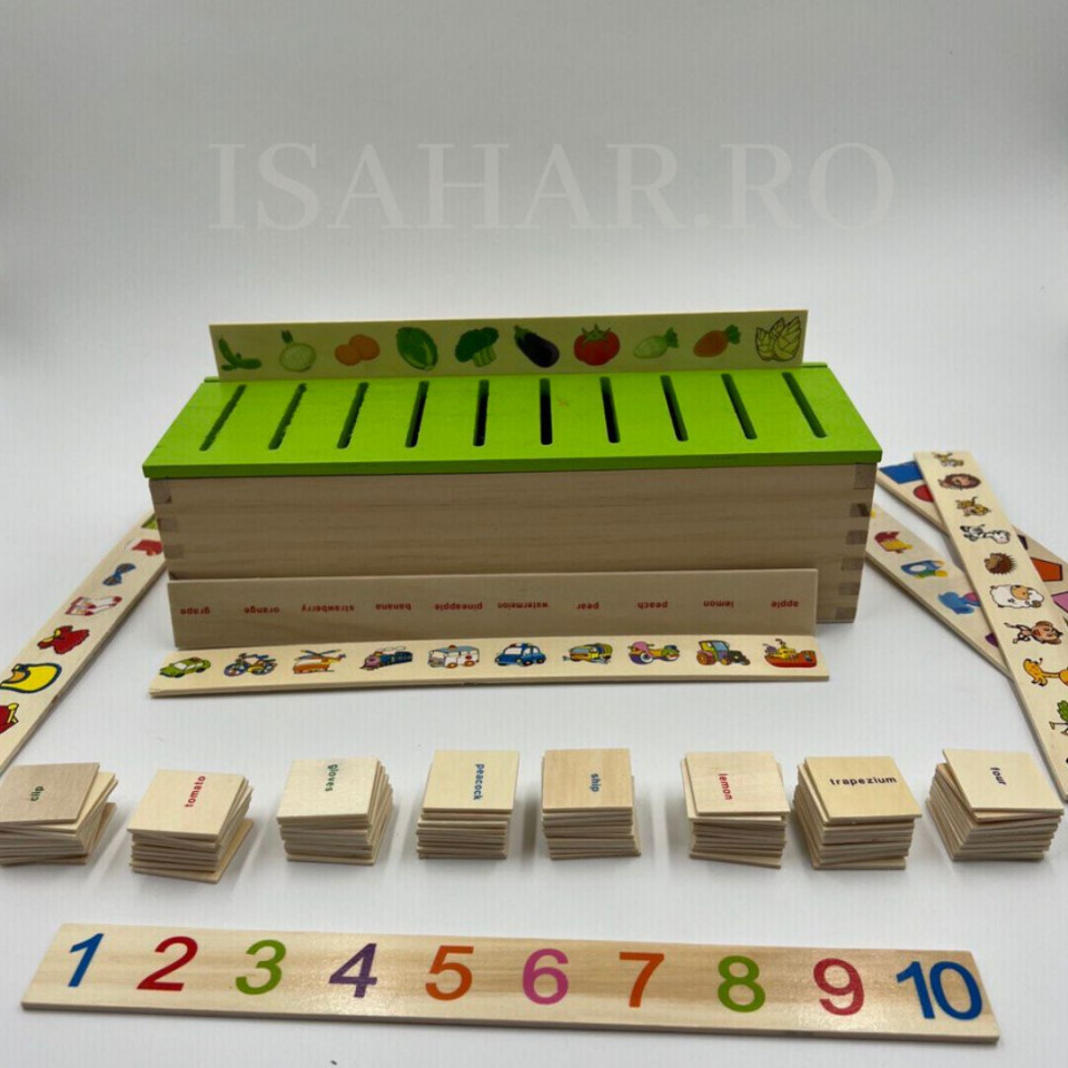 Joc educative din lemn, sortare si asociere, invatare Montessori, engleza, ISAHAR