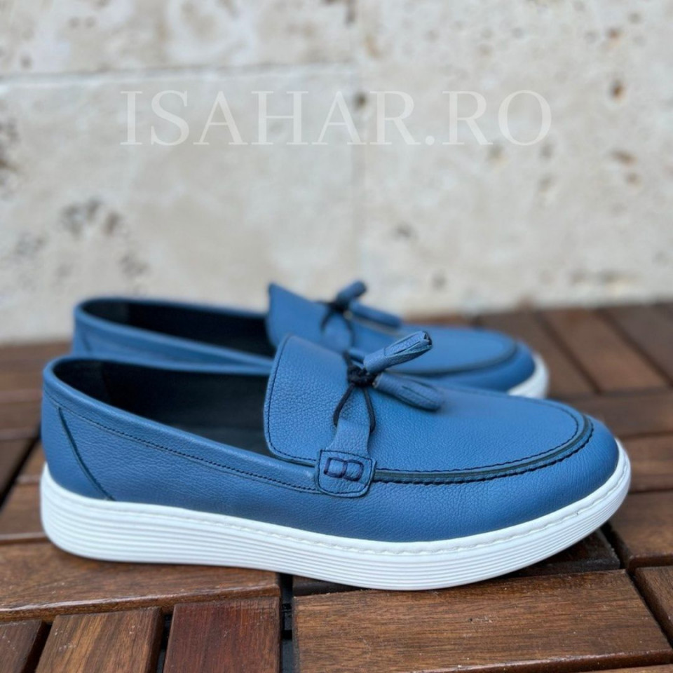 Mocasini barbati, 100% piele naturala, albastri, model premium, ISAHAR