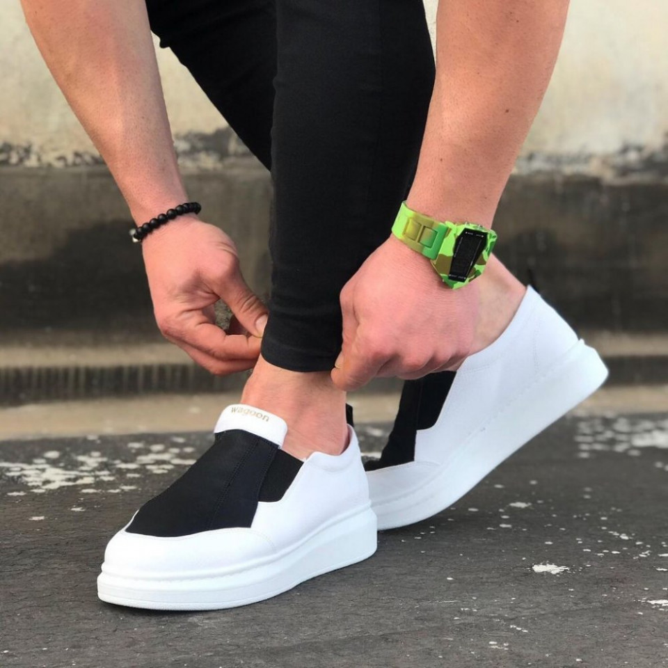 Pantofi sport barbati, albi, usor de incaltat cu aplicatii negre, ISAHAR