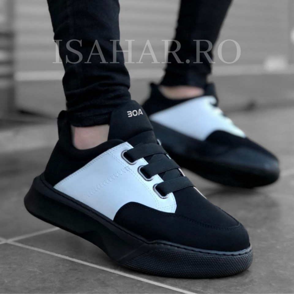 Pantofi sport barbati, negri cu aplicatii albe, fara siret, casual, ISAHAR