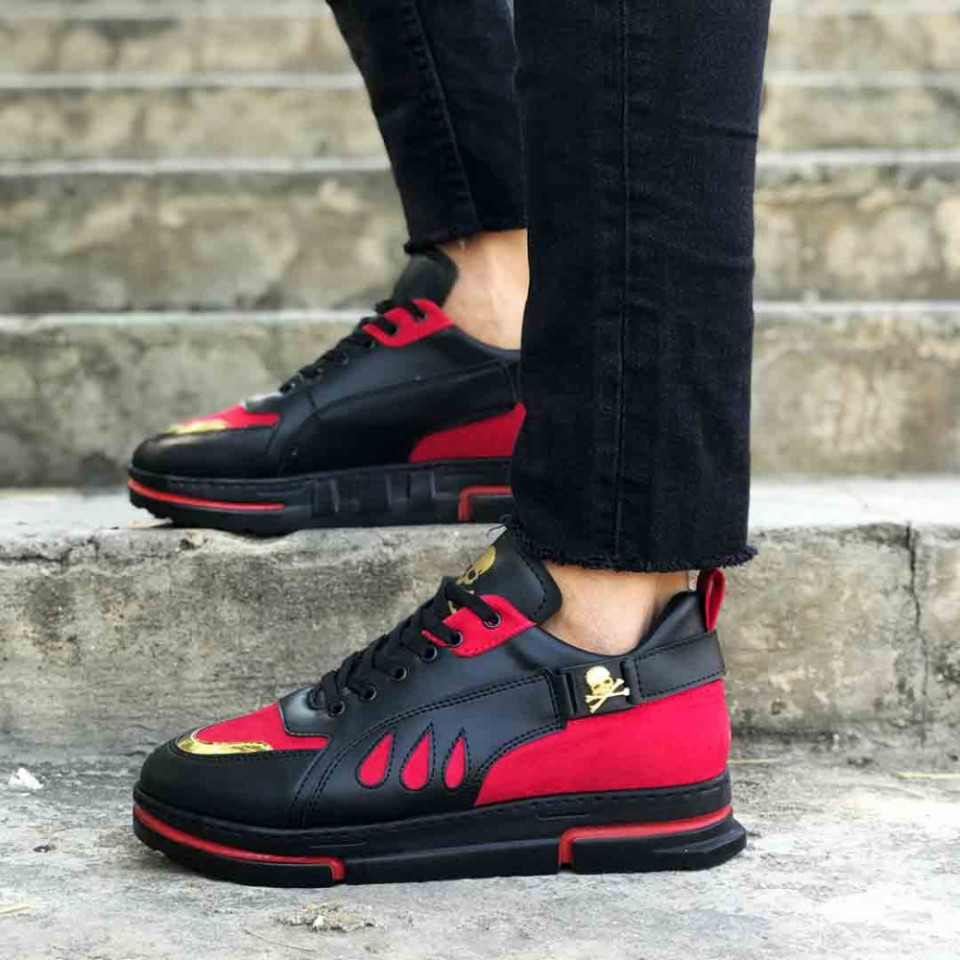 Pantofi sport negri, interior antitranspiratie, model premium VRS, cu aplicatii rosii, ISAHAR