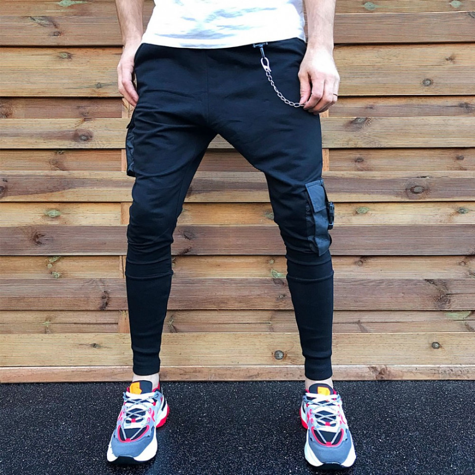 Pantaloni barbati negri, cu buzunare laterale aplicate