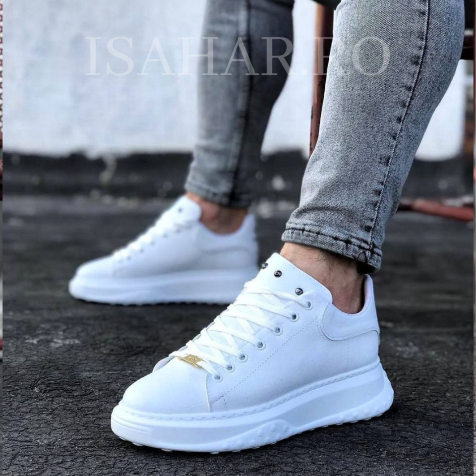 Pantofi sport barbati, albi, cu trei aplicatii metalice, casual, ISAHAR