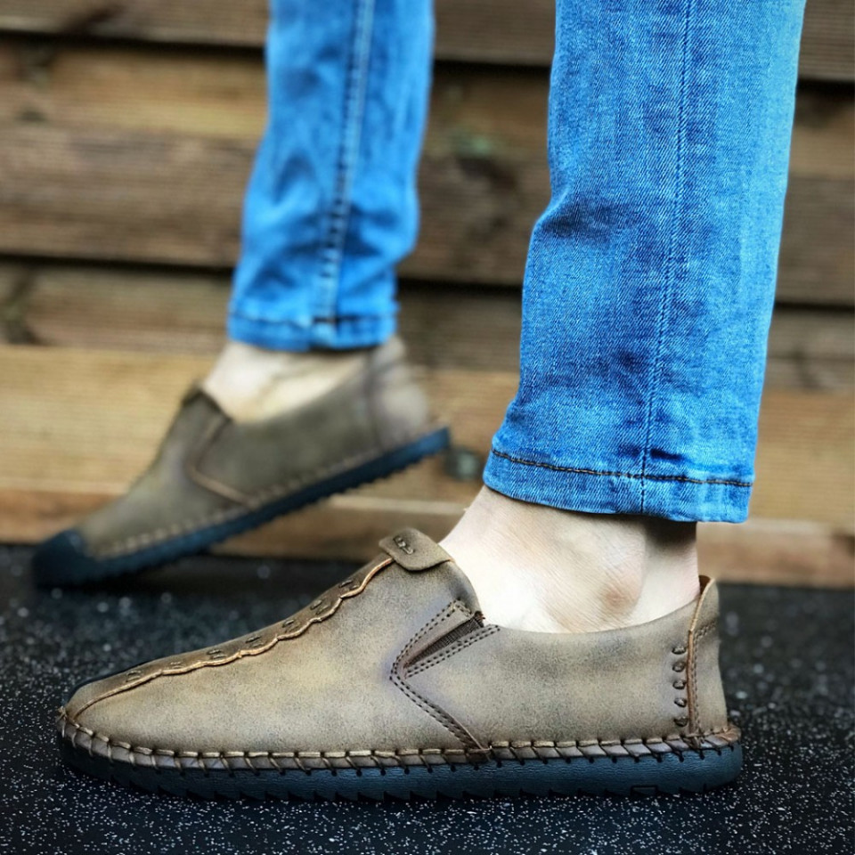 Pantofi sport barbati, maro inchis, fara siret, piele ecologica