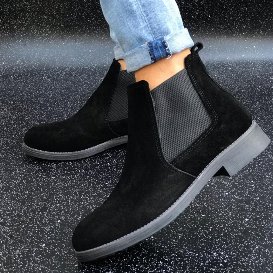 Ghete barbati casual, piele naturala negre, cusute, model casual, talpa flexibila