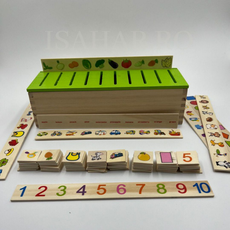 Joc educative din lemn, sortare si asociere, invatare Montessori, engleza, ISAHAR