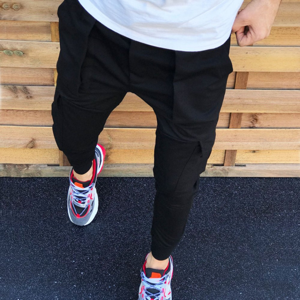 Pantaloni barbati casual negri, cambrat, cu buzunare laterale, material bumbac, ISAHAR