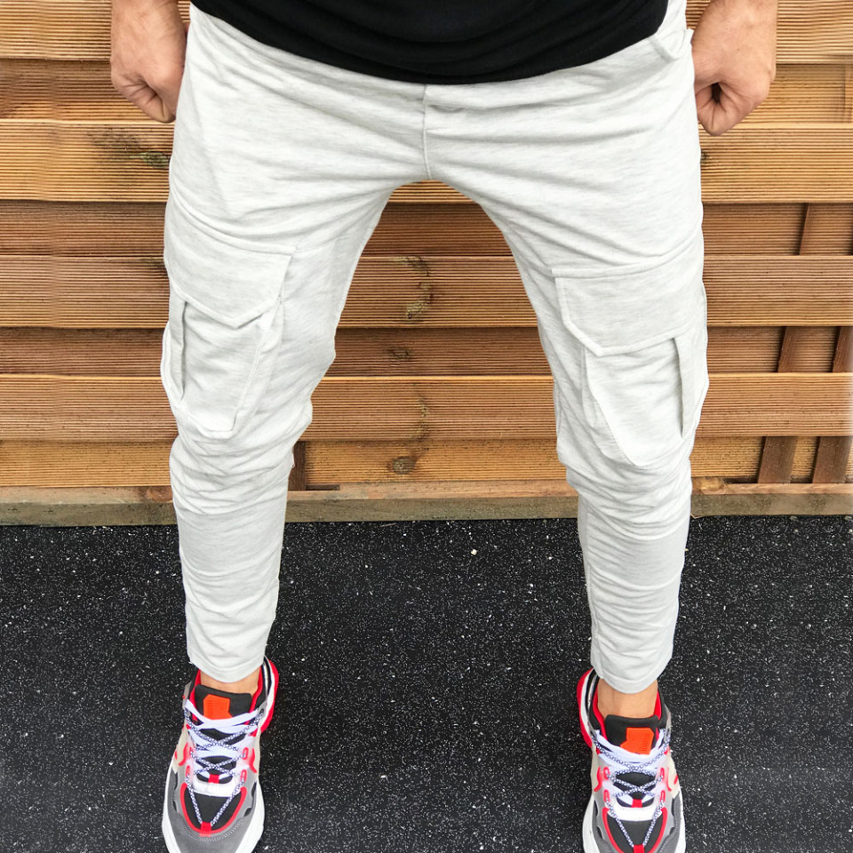 Pantaloni barbati casual gri, conici, cu buzunare laterale aplicate