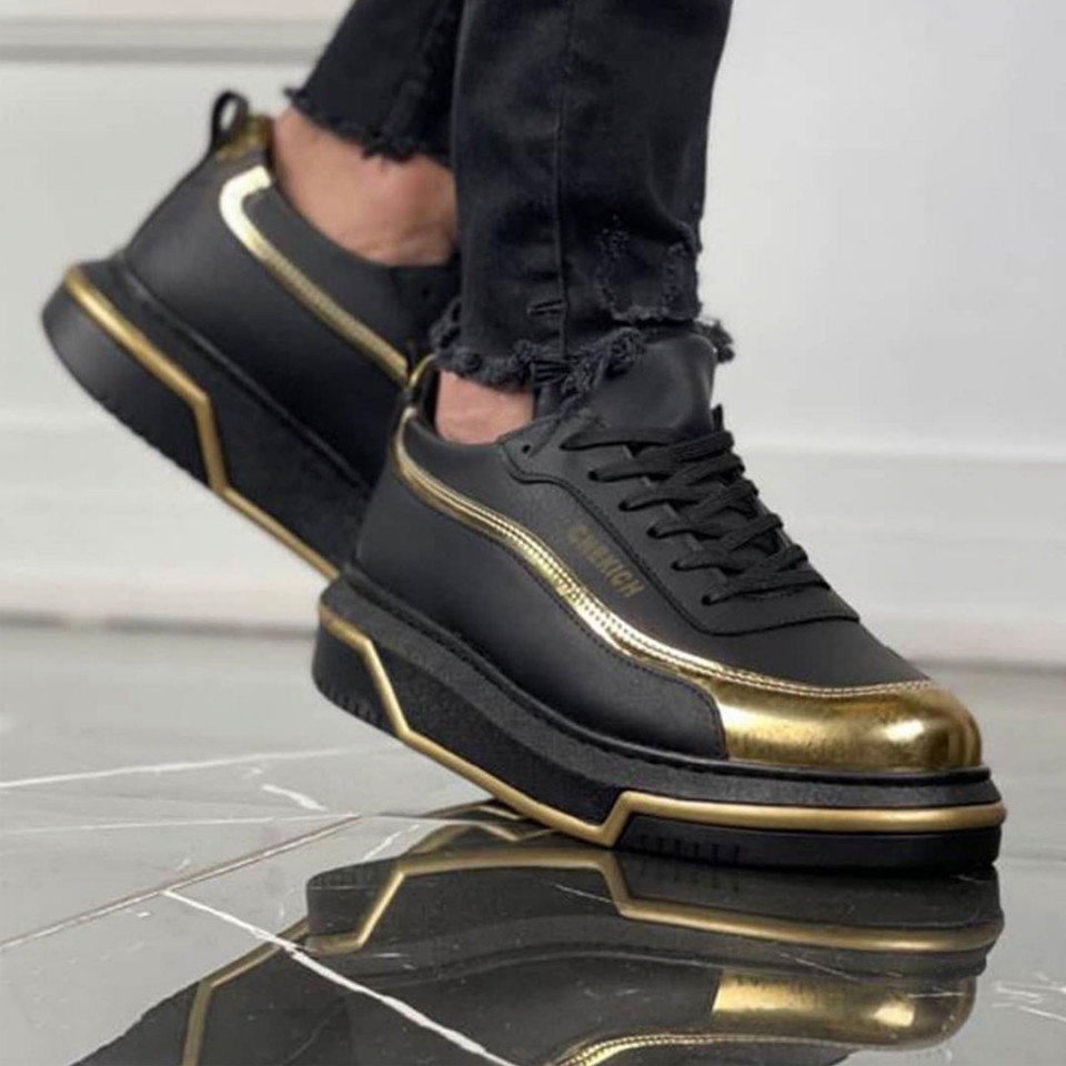 Pantofi sport barbati, model casual, negri, cu aplicatii aurii, ISAHAR