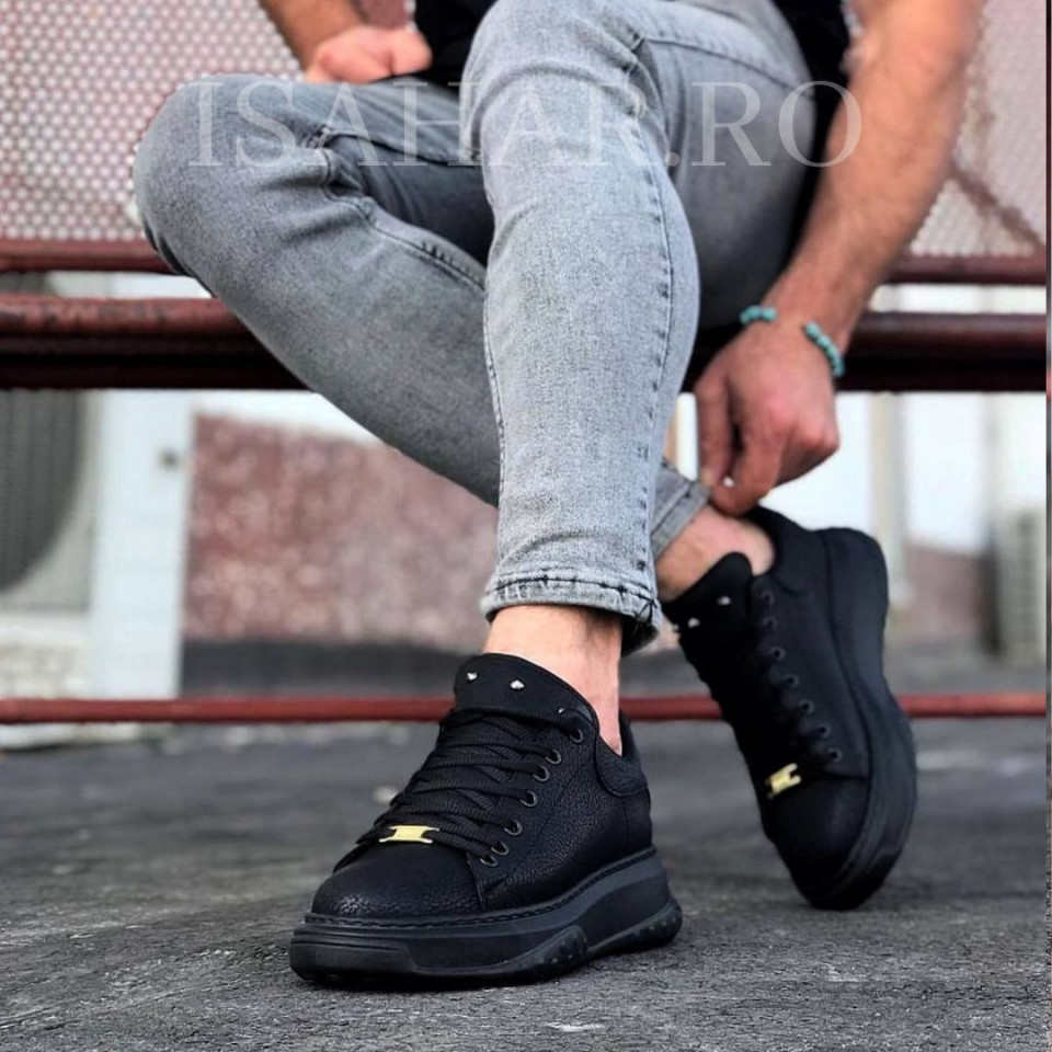 Pantofi sport barbati, negrii, cu trei aplicatii metalice, casual, ISAHAR