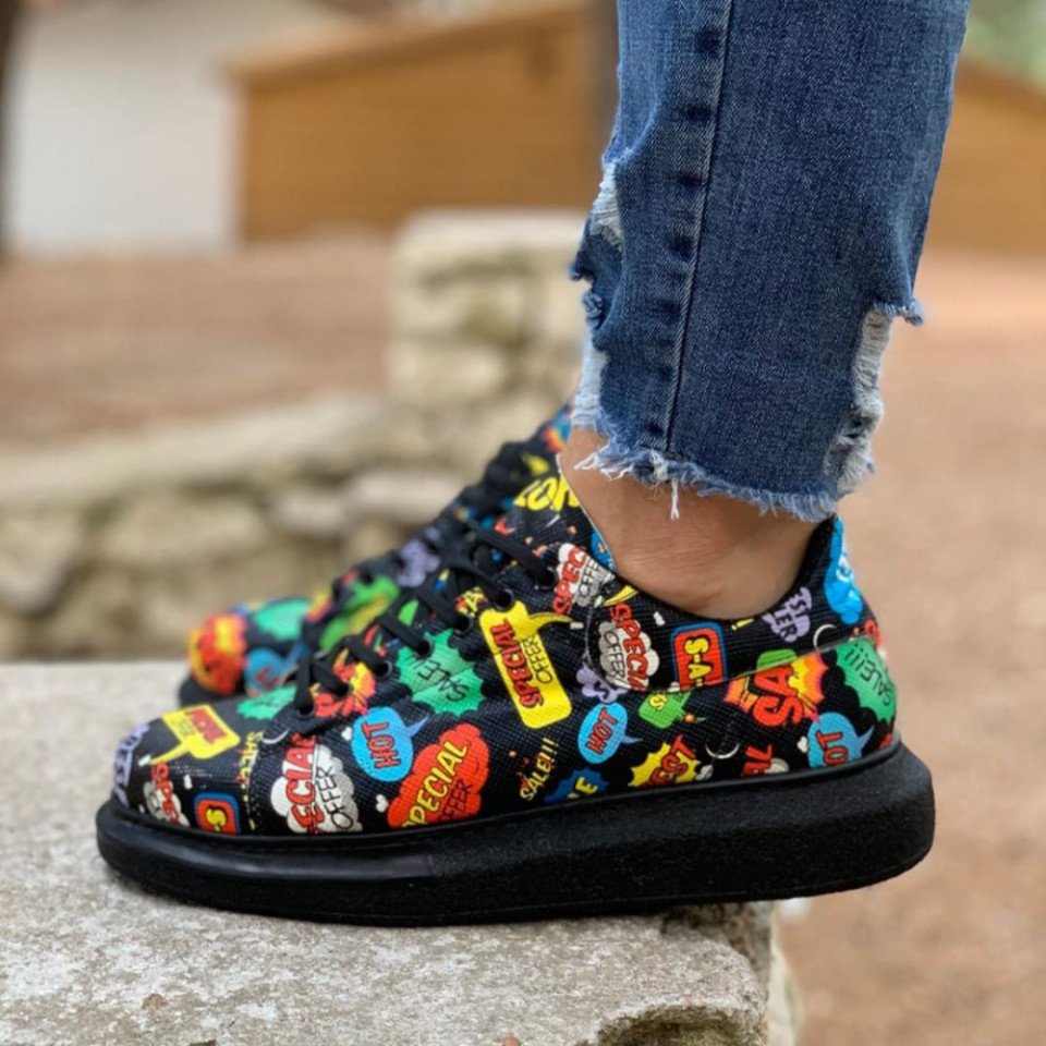 Pantofi sport barbati negri, cu imprimeu colorat, talpa cusuta