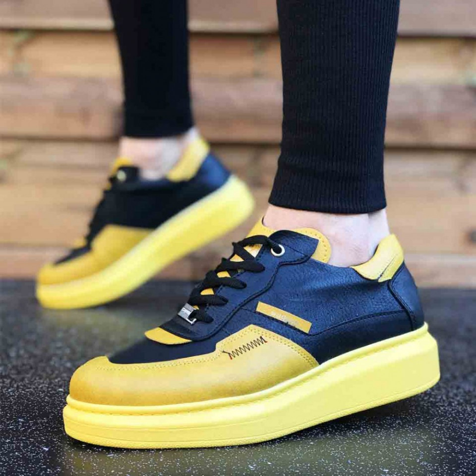 Pantofi sport barbati, negri, cu talpa galbena din spuma, ISAHAR