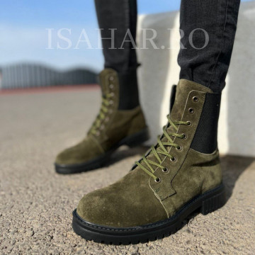 Ghete barbati, piele naturala 100%, culoare kaki, talpa flexibila si cusuta si confortabila, Isahar