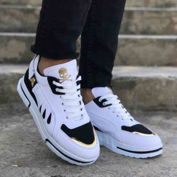 Pantofi sport barbati albi, model VRS premium, cu aplicatii negre, ISAHAR