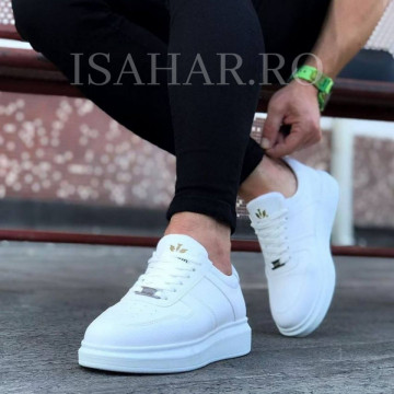 Pantofi sport barbati, clasici, casual, albi, cu perforatii, model nou, ISAHAR