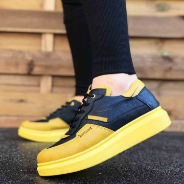 Pantofi sport barbati, negri, cu talpa galbena din spuma, ISAHAR