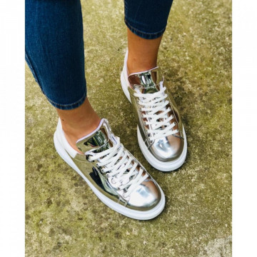 Pantofi sport dama, argintii, cu talpa inalta din spuma
