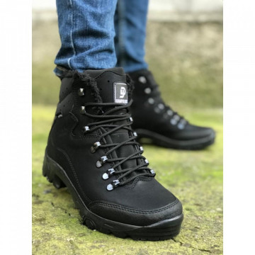 Ghete barbati casual negre, confectionate din piele ecologica, pentru drumetie, imblanite