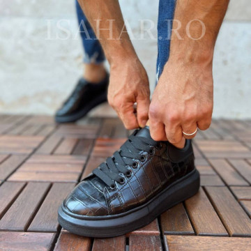 Pantofi sport barbati, casual, pentru evenimente speciale, negru lucios, ISAHAR