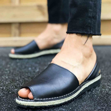 Sandale Avarca barbati negre, PIELE NATURALA, model casual, premium, Isahar