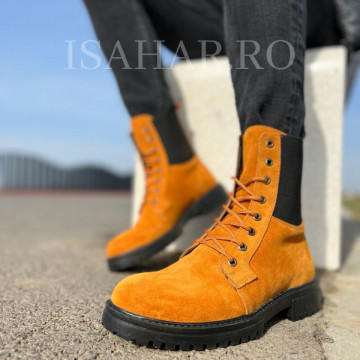 Ghete barbati, 100% Piele Naturala Maro , model inalt, talpa cusuta, Isahar