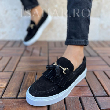 Mocasini barbati, 100% piele naturala intoarsa, negri, cu aplicatie metalica, ISAHAR