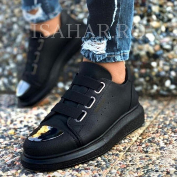 Pantofi sport barbati, cu 3 barete elastice, negri, ISAHAR