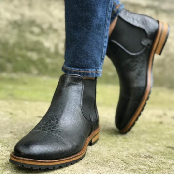 Ghete barbati casual negre cusute, confectionate din piele naturala, talpa flexibila