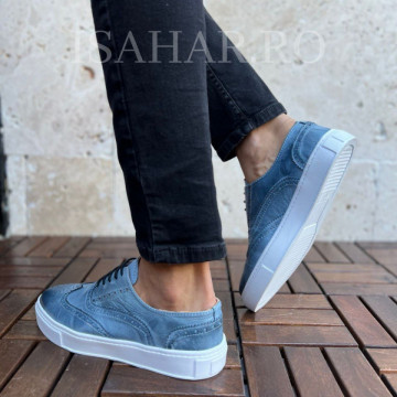 Mocasini barbati, 100% piele naturala, albastri, cu model special casual, ISAHAR