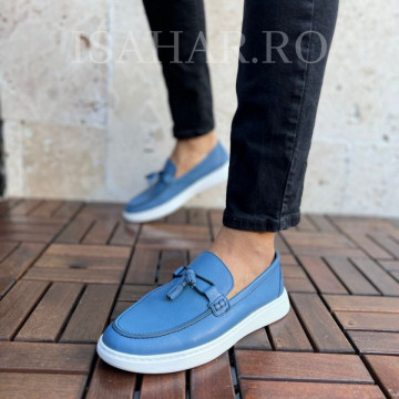 Mocasini barbati, 100% piele naturala, albastri, model premium, ISAHAR