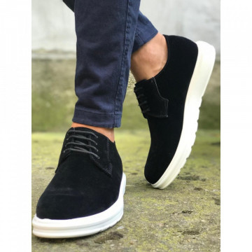 Pantofi casual barbati, negri, cu talpa inalta, confectionati din piele ecologica