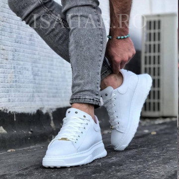 Pantofi sport barbati, albi, cu trei aplicatii metalice, casual, ISAHAR