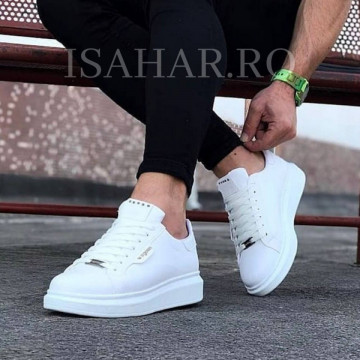 Pantofi sport barbati, clasici, casual, albi, talpa inalta din spuma, model nou, ISAHAR