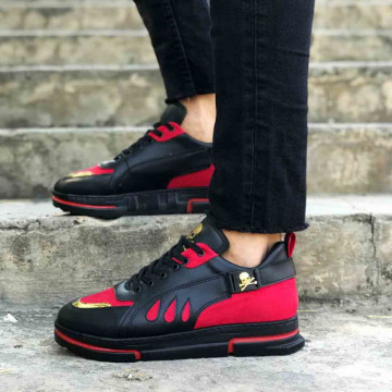 Pantofi sport negri, interior antitranspiratie, model premium VRS, cu aplicatii rosii, ISAHAR