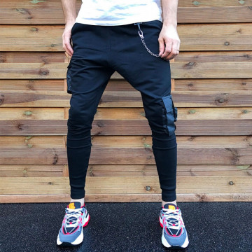 Pantaloni barbati negri, cu buzunare laterale aplicate