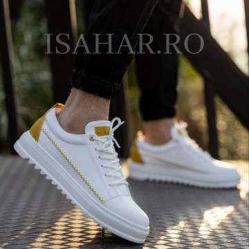 Pantofi sport barbati, albi cu model galben, casual, ISAHAR