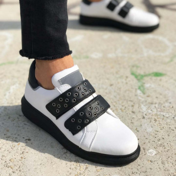 Pantofi sport barbati, albi, cu talpa neagra, inchidere arici SNK, ISAHAR