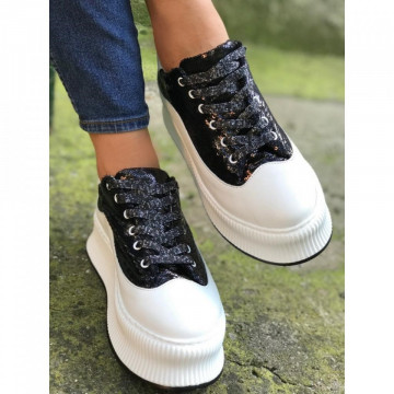 Pantofi sport dama, albi cu paiete negre