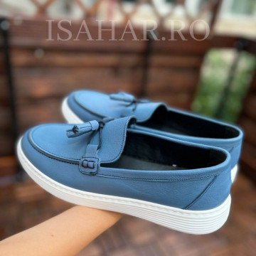 Mocasini barbati, 100% piele naturala, albastri, model premium, ISAHAR